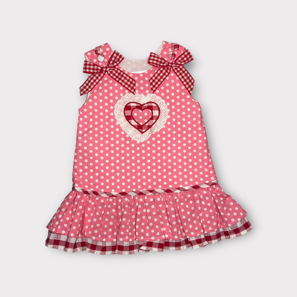 Lil Cactus Polkadot Heart Eyelet Trim Pink Pinafore Dress
